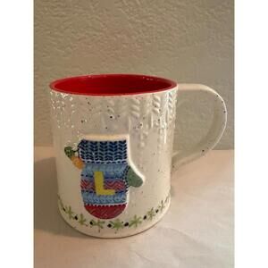 Anthropologie BUNDLED UP Monogram Letter 'L" Coffee Mug Multicolor Mitten Winter